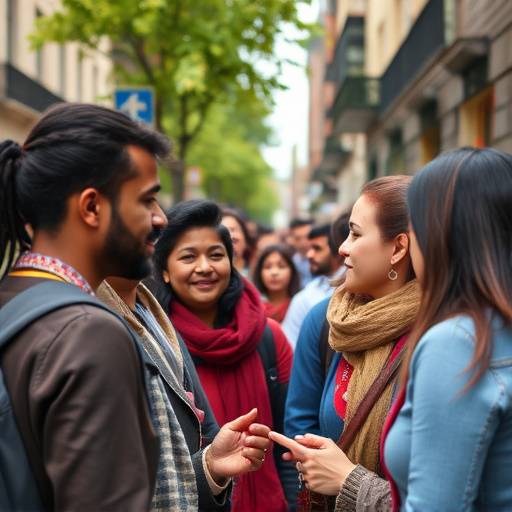 Un'immagine multiculturale di persone che interagiscono tra loro in una citt&agrave;, simboleggiando l'integrazione dei migranti.
