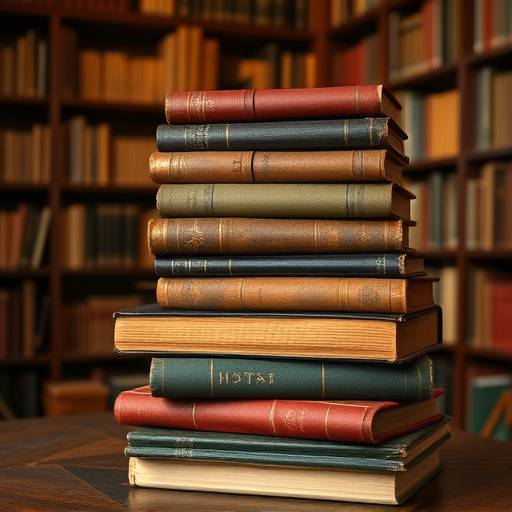 Una pila di libri antichi in una biblioteca illuminata da una calda luce.