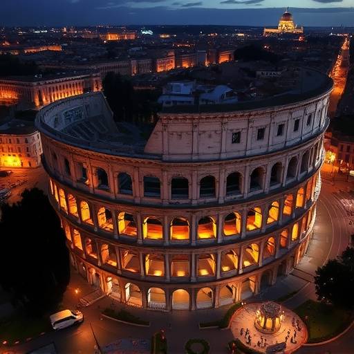 Vista aerea del Colosseo illuminato di notte a Roma.